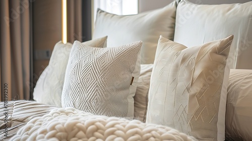 close up white beige soft pillows on bed and blanket bedroom interior design conceptbed maid luxury ideas concept : Generative AI