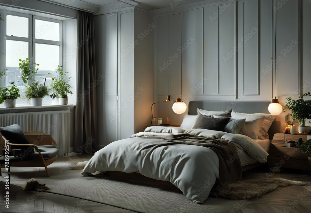 design modern bedroom style interior Scandinavian bedchamber aesthetic apartment bed greenery bedding bedside blanket comfortable contemporary cosy decor