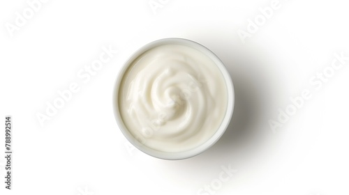 Bowl of white creamy yogurt isolated on white background top view flat lay : Generative AI