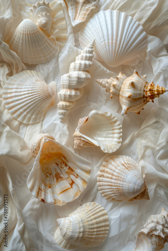 Collection of Elegant Seashells on a Soft Linen Background
