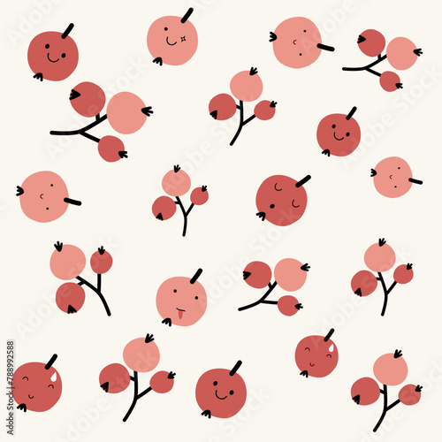 Cute hand drawn berry with face expression character pattern. Cute fruit face expression Character. Pastel background