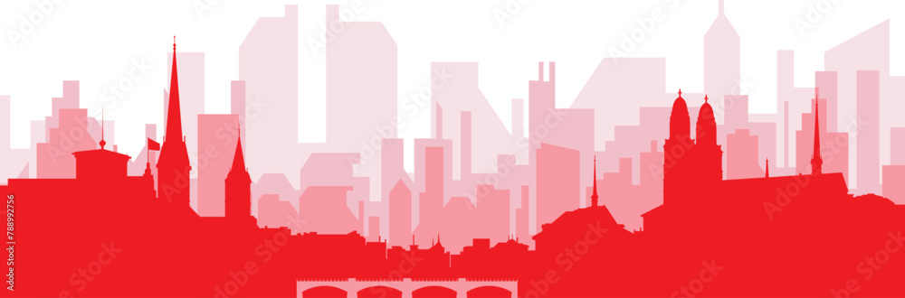 Red panoramic city skyline poster with reddish misty transparent background buildings of ZURICH, SWITZERLAND