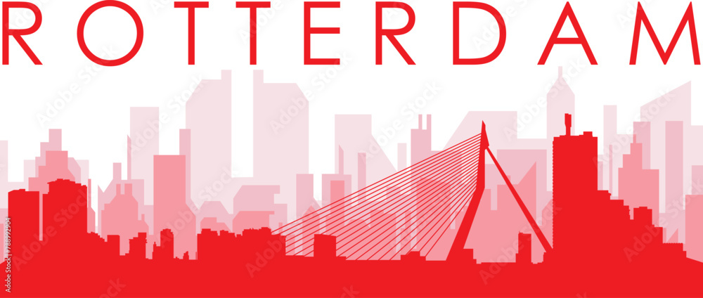Red panoramic city skyline poster with reddish misty transparent background buildings of ROTTERDAM, NETHERLANDS Red panoramic city skyline poster with reddish misty transparent background buildings of ROTTERDAM, NETHERLANDS