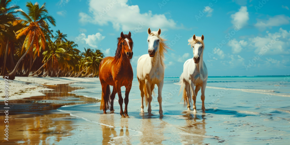 Wild Horses Galloping Along a Tropical Beach