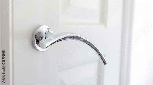 Silver metal color door handle made of white wood home exit house interior decoration closeup : Generative AI
