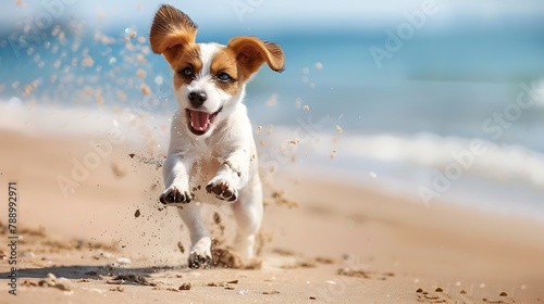 A mixed breed dog running on the beach