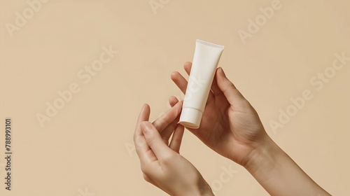 Fragile hands of a woman hold a white mockup tube of facial cream and apply moisturizer to her skin on a beige isolated background Image for your design : Generative AI