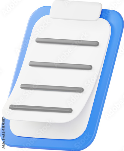 3D clipboard with white document paper icon, Blue Checklist clipboard and paper icon.