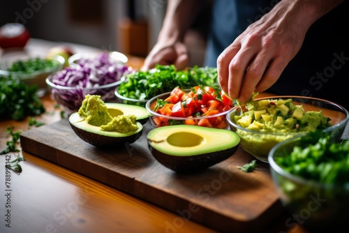 Chef's hand slicing a ripe avocado to make fresh guacamole, with colorful bowls of ingredients on a wooden cutting board in a modern kitchen