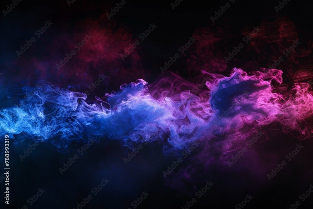 Multicolored thick smoke, blue and purple neon on a black background.