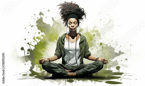Drawing of a meditating girl in green, on a white background
