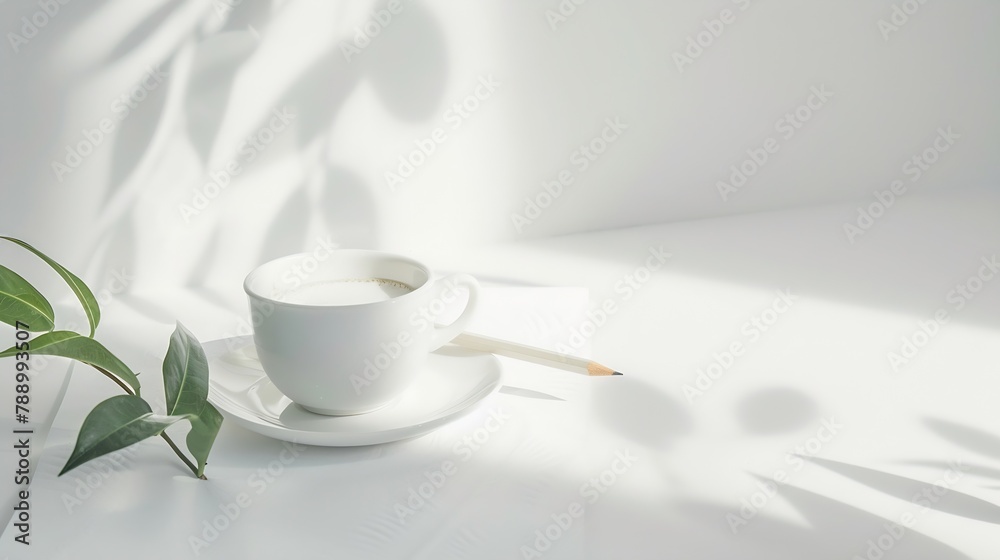 Fototapeta premium Cup coffee pencil branch with leaf paper note on white : Generative AI