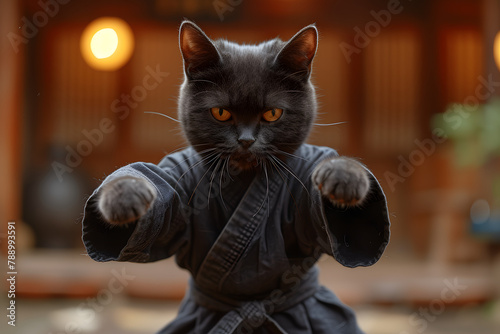 Black cat wearing a karate uniform in a defensive stance. Close-up pet portrait with blurred background. Martial arts and discipline concept for design and print. Intense gaze shot with place for text photo