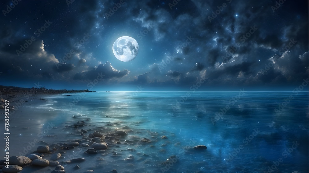 Romantic Moon Over Sparkling Blue Water With Clouds And A Starry Sky
