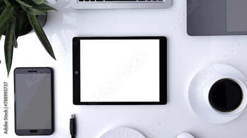 Office desk workplace with blank screen tablet and smart phone laptop pen and cup of coffee Top view flat lay with copy space : Generative AI