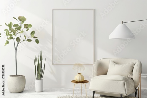 Scandinavian style living room with poster mockup created with generative ai