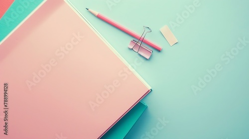 notebook paper pencil paper clip and sticky note on pastel office desk with copy space : Generative AI