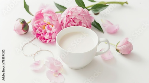 Pink peonies coffee with milk and cute feminine accessories on the white background : Generative AI