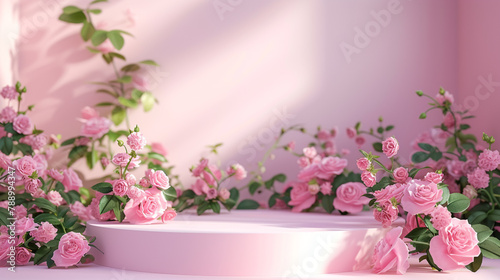 A 3D spring table adorned with pink roses  forming a visually appealing cosmetic podium. The garden rose floral summer background adds a touch of nature  creating an elegant scene for a romantic gift 