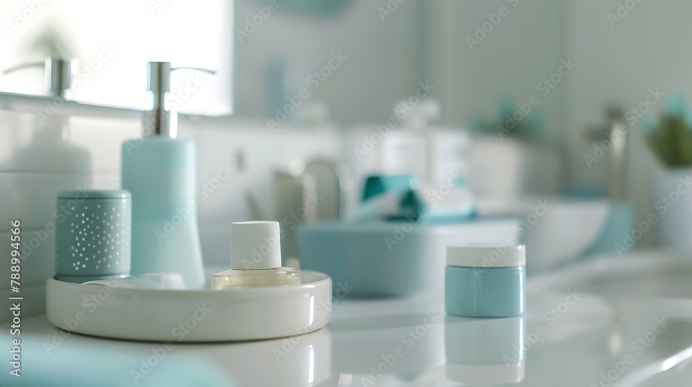 Morning hygiene products on white table top of defocused bathroom : Generative AI Morning hygiene products on white table top of defocused bathroom : Generative AI