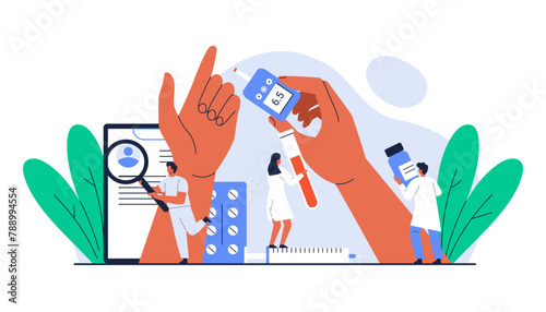 Diabetes concept. Tiny characters with medical equipment. Blood glucose level test. Doctors check blood sugar. Awareness day, healthcare treatment. Isolated vector illustration in cartoon style