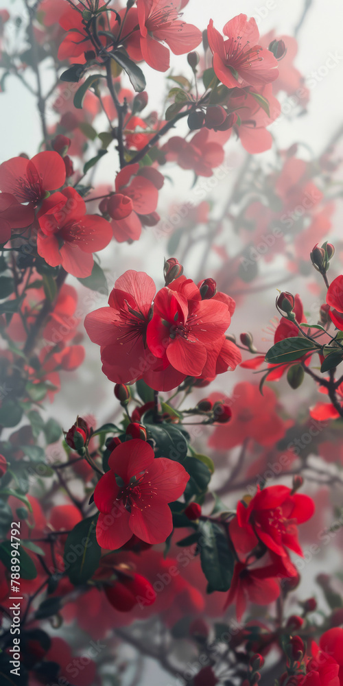 Misty Crimson Blossoms: Vibrant Red Flowers Enveloped in Fog