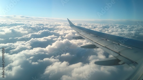 Airplane Wings: A photo of a commercial airplane wing during takeoff, with the sky and clouds in the background photo