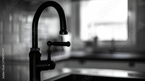 Monochrome kitchen detail of black gooseneck tap : Generative AI photo