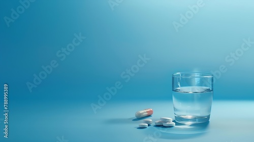 A glass of water an unlabeled medicine bottle and a handful of pills is arranged in one line on blue background Medicine treatments and healthcare : Generative AI