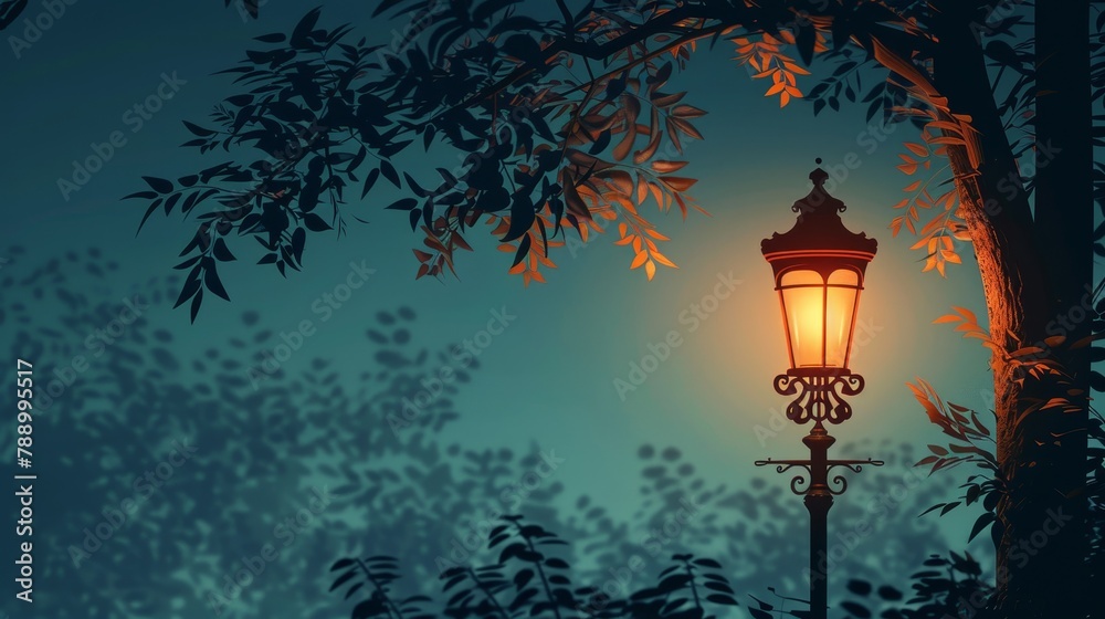 An illustration of a vintage street lamp with delicate leafy patterns adorning its post