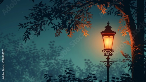 An illustration of a vintage street lamp with delicate leafy patterns adorning its post