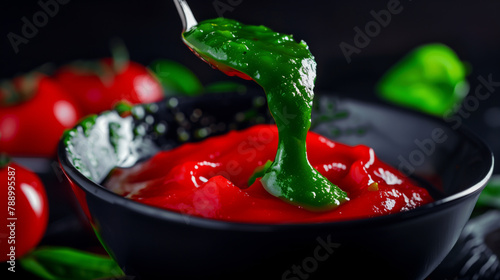 A spoonful of green sauce is poured into a black bowl. The sauce is thick and has a green color. red sauce turning green similar to a crypto trading candle photo