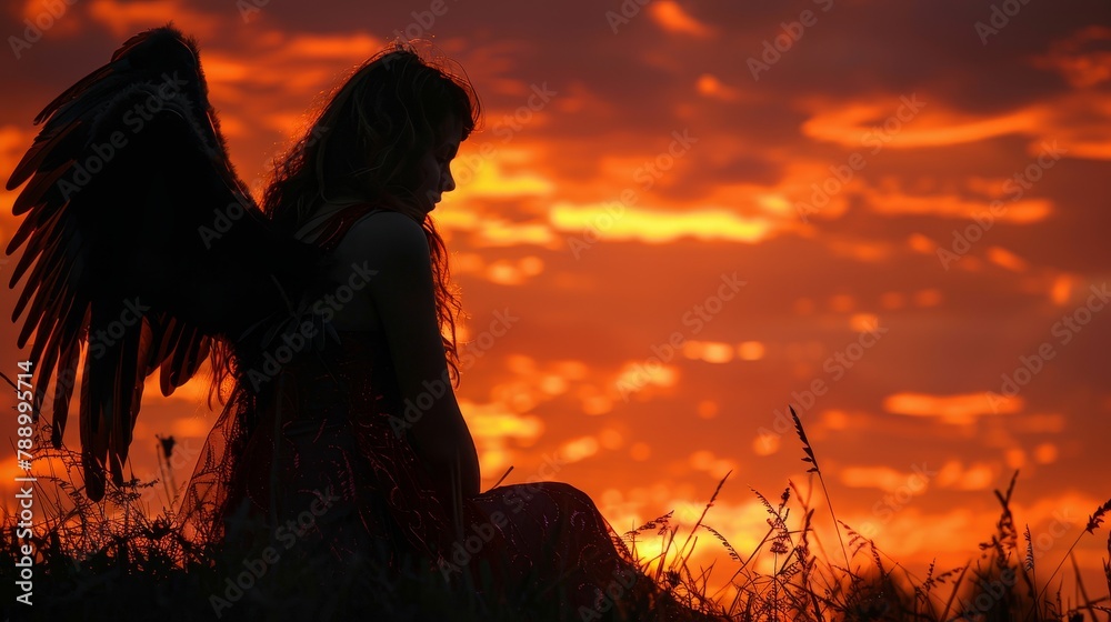 Angel Wings: A photo of a silhouette of angel wings against a sunset sky Angel Wings: A photo of a silhouette of angel wings against a sunset sky