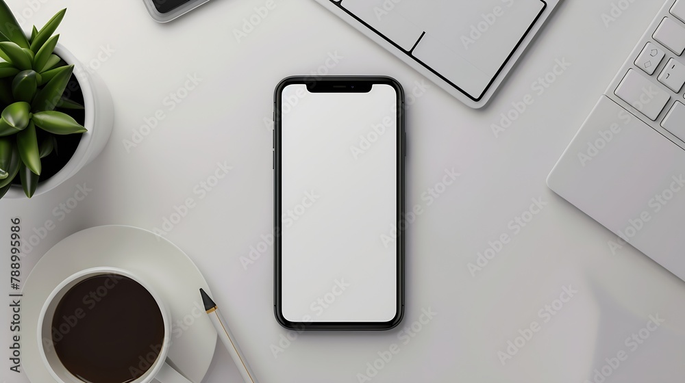 Flat lay mobile phone with empty screen coffee cup notepad and keyboard on white table Top view with copy space : Generative AI Flat lay mobile phone with empty screen coffee cup notepad and keyboard on white table Top view with copy space : Generative AI