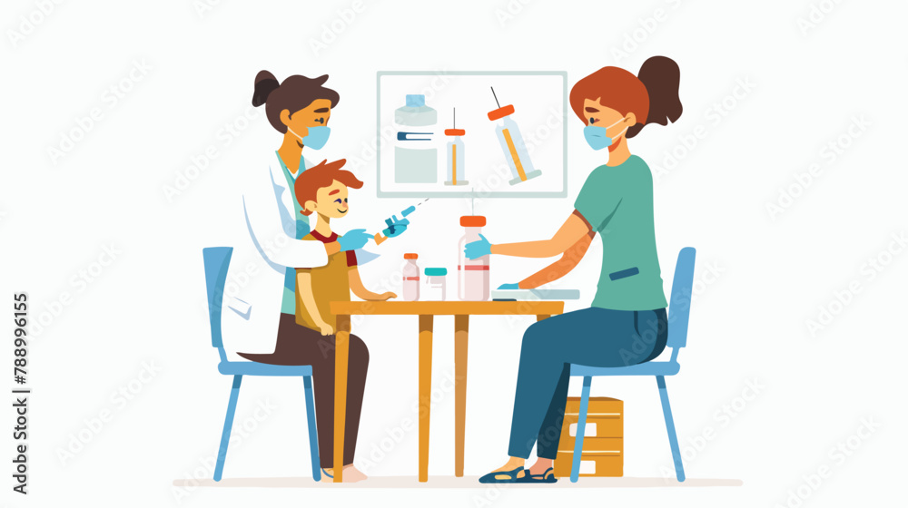 Nurse with syringe vaccinating child accompanied by m