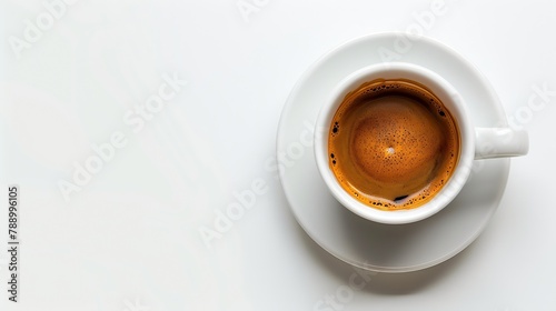 Espresso coffee cup flat lay closeup fresh brewed crema large detailed isolated macro closeup blank empty horizontal copy space white background : Generative AI photo