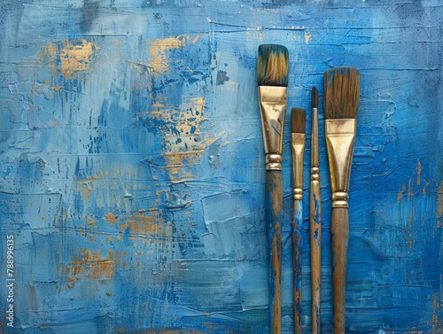 Artists Paintbrushes on Blue Grunge Background