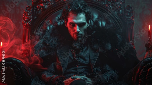 Male Vampire with Fangs on Dark Throne
