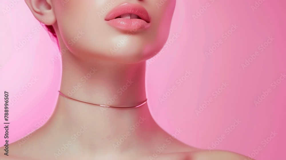 Naklejka premium Close up female neck collarbones isolated on pink studio background Beautiful caucasian woman with wellkept skin Natural beauty fitness diet spa plastic surgery and aesthetic cosmetolo : Generative AI