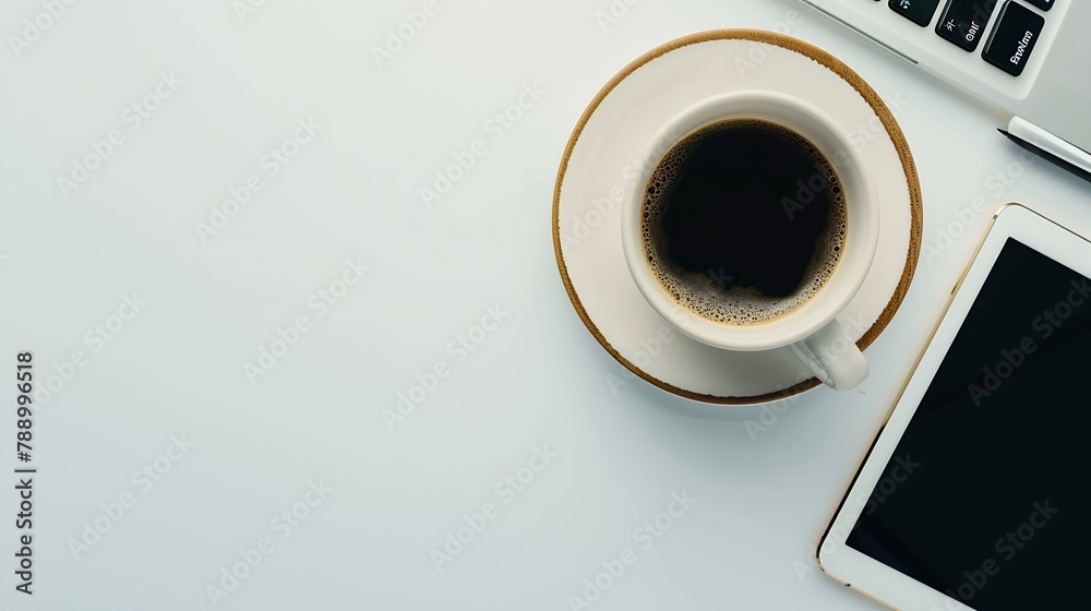Modern workspace with coffee cup smartphone paper notebook tablet and laptop copy space on white color background Top view Flat lay style : Generative AI Modern workspace with coffee cup smartphone paper notebook tablet and laptop copy space on white color background Top view Flat lay style : Generative AI