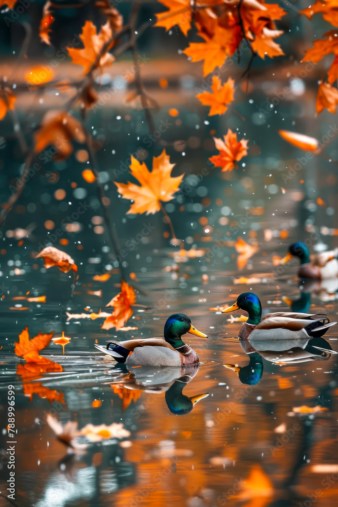 Crisp Autumn Reflections: Mallards Glide on a Glassy Pond Crisp Autumn Reflections: Mallards Glide on a Glassy Pond