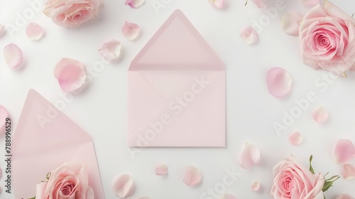 Flat lay shot of letter and eco paper envelope on white background Wedding invitation cards or love letter with pink roses Valentines day or other holiday concept top view flat lay ove : Generative AI photo