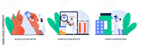 Blood glucose meter, diabetes exam results, diabetes medications. Diabetes concept. Healthcare treatment. Isolated vector illustration in cartoon style