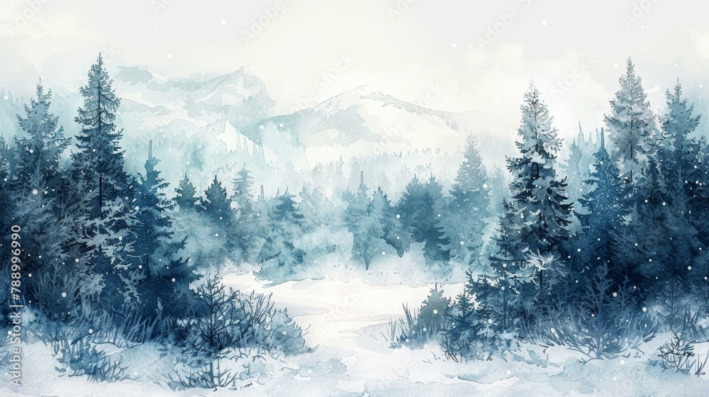Watercolor Coniferous Forest Winter Design - obrazy, fototapety, plakaty 