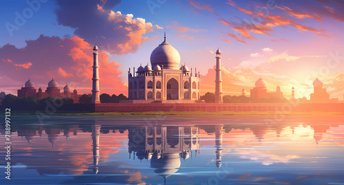 A beautiful painting of the Taj Mahal with clouds and sun in the background