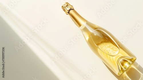Top view white sparkling wine bottle and glass wine with sun shadow and glare on light white background Flat lay  golden champagne bottle Summer alcoholic drink concept banner with cop : Generative AI © Generative AI