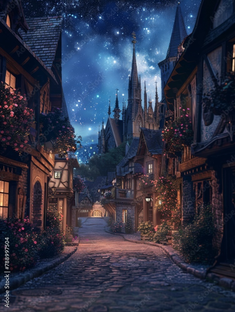 A street in the Gothic style city center, with tall buildings and gothic spires towering above the sky at night. A street in the Gothic style city center, with tall buildings and gothic spires towering above the sky at night.