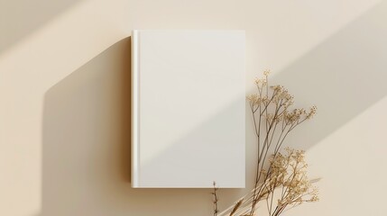 White book blank cover mockup on a beige background with dry flower flat lay mockup : Generative AI