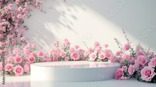 A 3D spring table beauty stand with pink roses, forming a visually stunning podium against a white background. The garden rose floral summer scene adds a touch of nature, creating an elegant display f