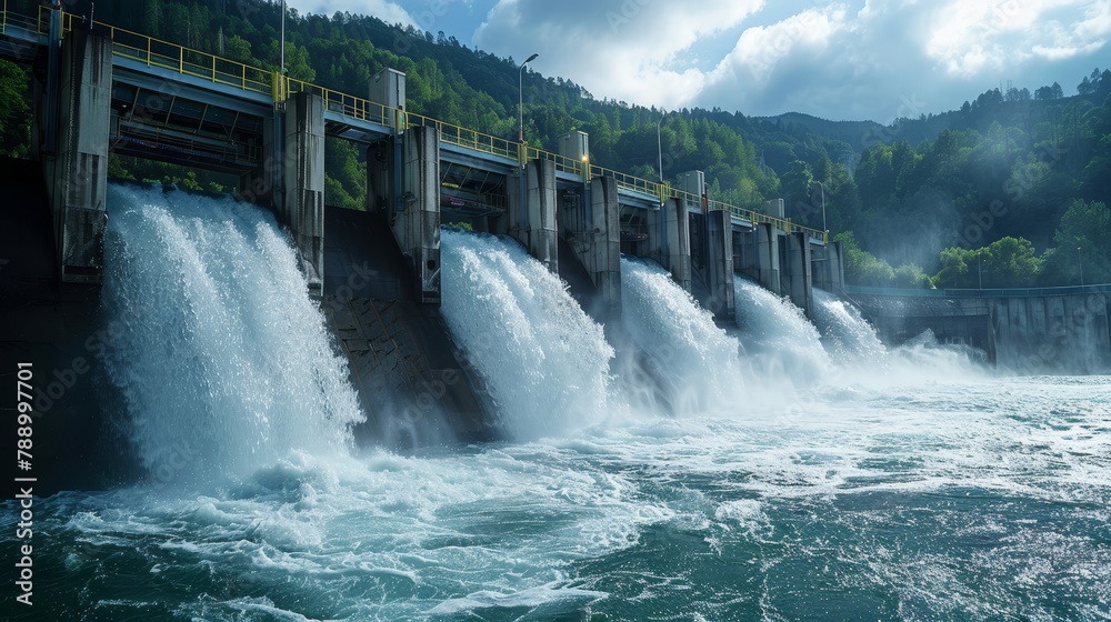 Energy Spark: A photo of a hydroelectric dam generating electricity from flowing water Energy Spark: A photo of a hydroelectric dam generating electricity from flowing water